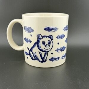 Takahashi Japan Vintage Coffee Mug Pig And Corn Porcelain Blue White Novelty